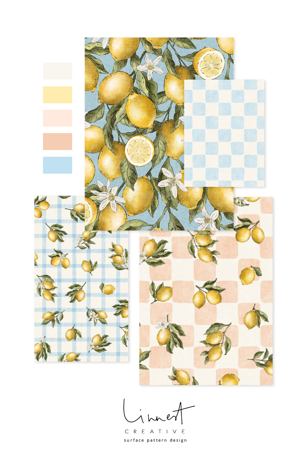 A moodboard featuring lemon-themed designs in various patterns, showcasing a cheerful color palette suitable for kids' bedrooms. The designs include floral motifs, checkerboard patterns, and playful colors like pastel yellow and blue.
